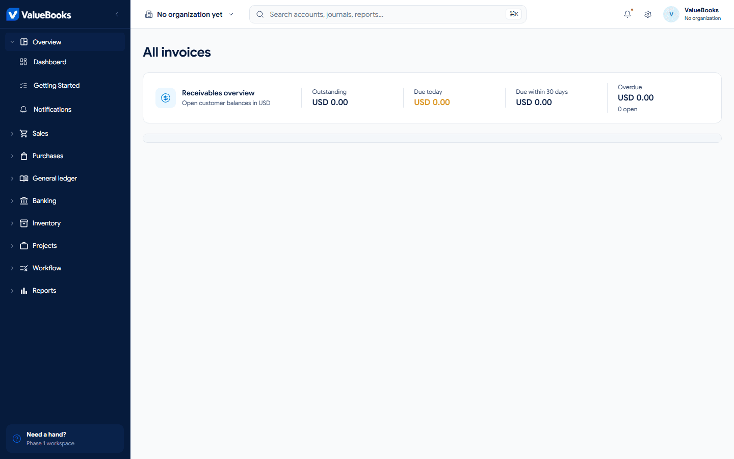 ValueBooks invoice or expense listing with demo information