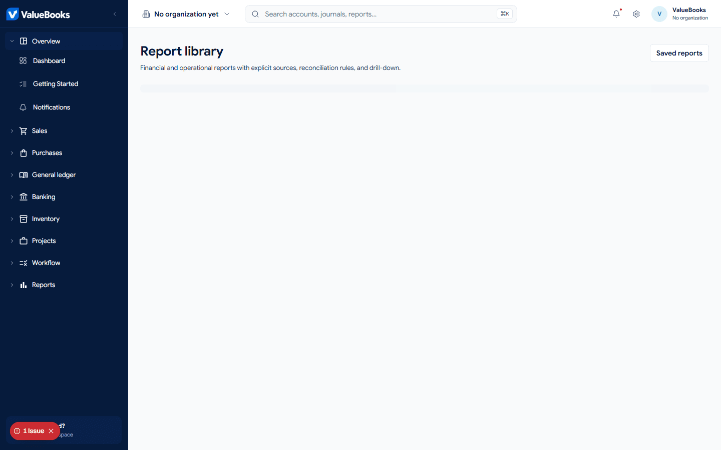 ValueBooks chart of accounts or reports screen with demo information