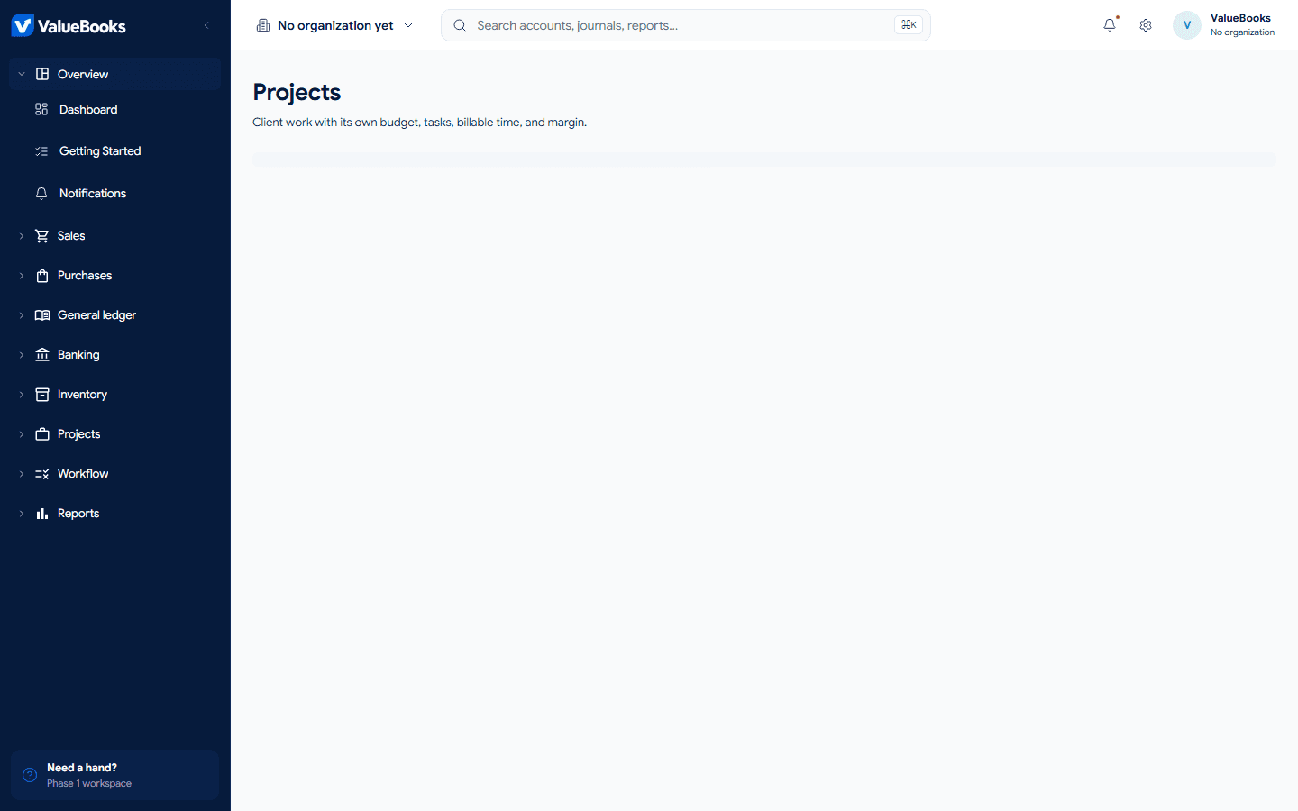 ValueBooks expenses or projects screen with demo information